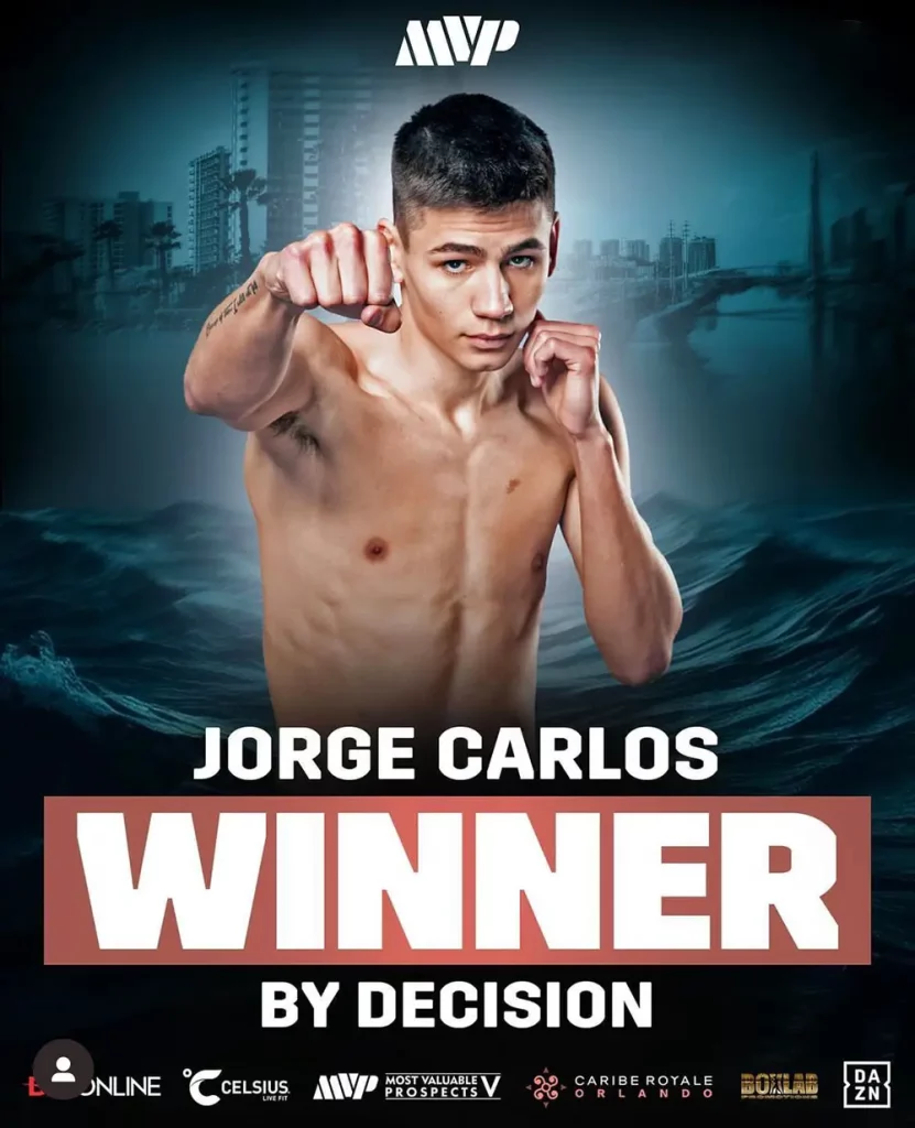 Jorge Carlos posing throwing a jab in a poster showcasing he won by decision