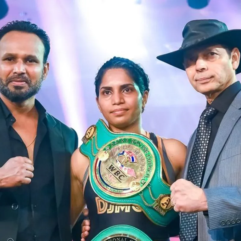 Promoters, Roshan and Dustan with Urvashi Singh, female Indian international fighter fight WBC world title