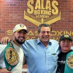 WBC President Mauricio Sulaiman posing with Bryan Mendoza and Don Ismael. WBC Cares at Salas Boxing Gym
