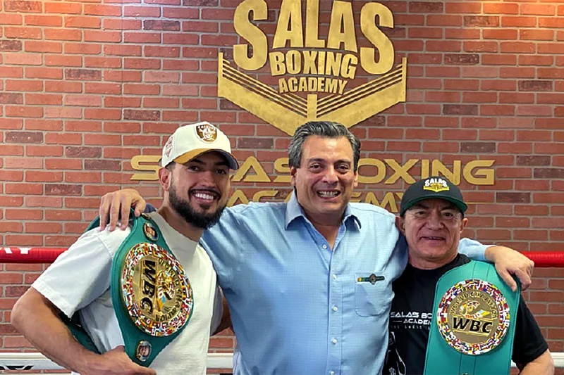 WBC President Mauricio Sulaiman posing with Bryan Mendoza and Don Ismael. WBC Cares at Salas Boxing Gym